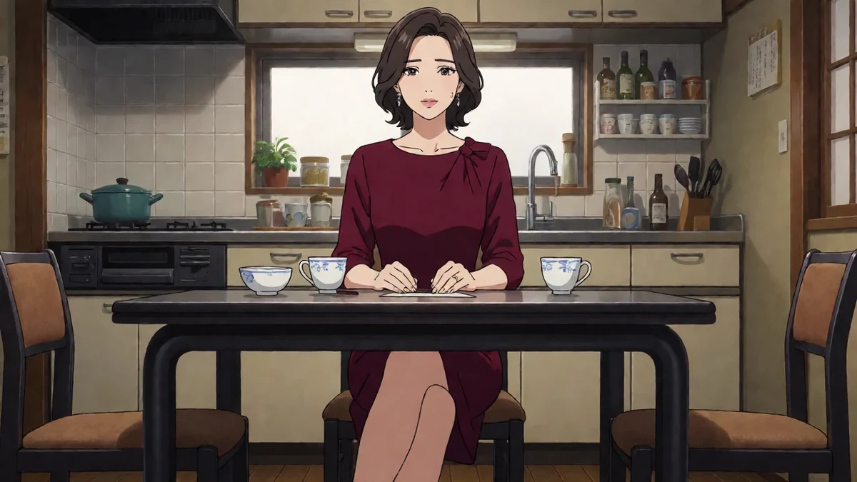 成人漫剧人妻NTR插画:成年已婚女性穿酒红连衣裙,坐在厨房餐桌前看未寄出的信