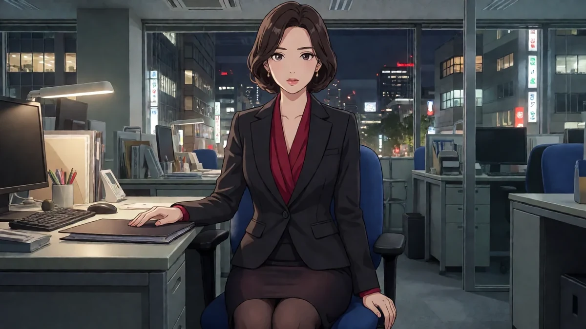 成人漫剧女上司插画:成年女性穿深色西装,夜晚坐在办公室文件夹旁