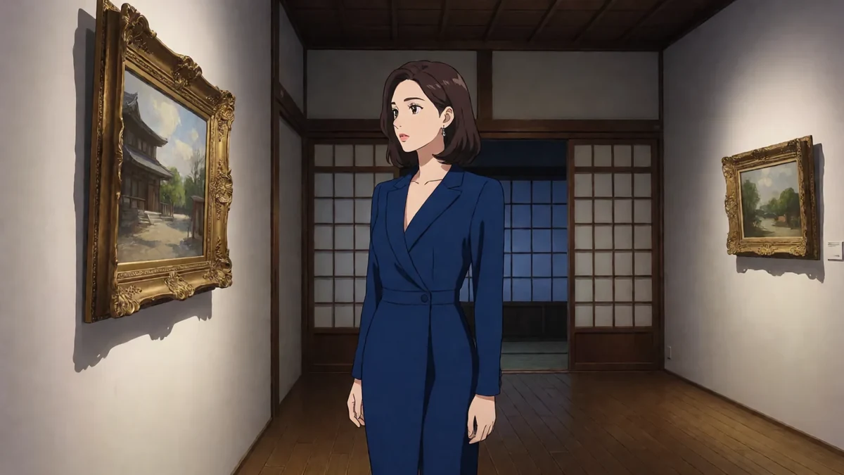成人漫剧旧爱重逢插画:成年女性穿蓝色收腰外套,站在画廊画框前回望