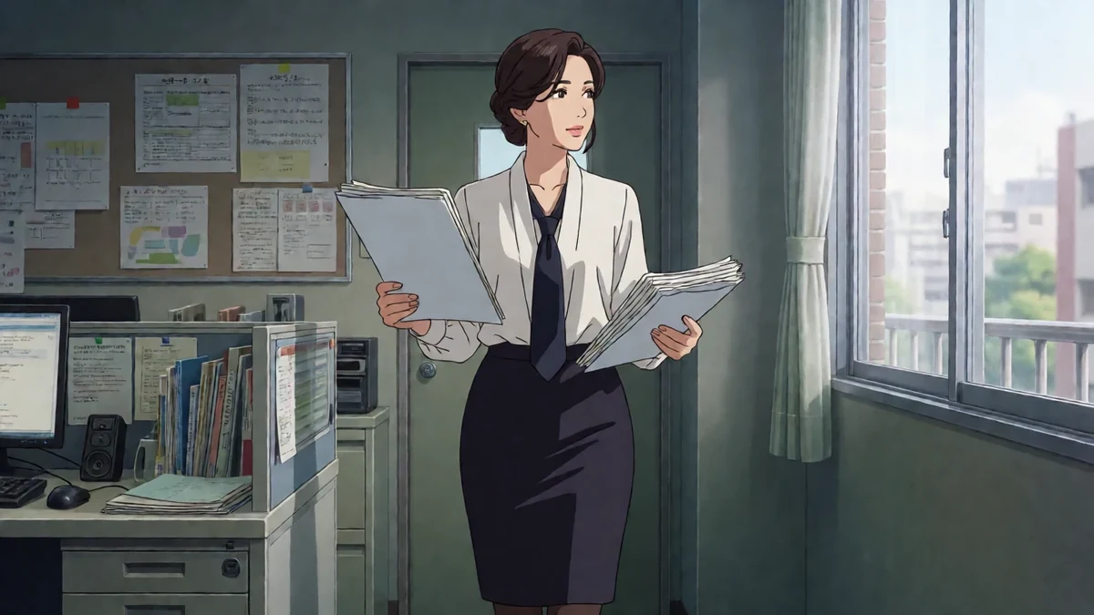 成人漫剧女教师故事插画:成年女性穿白衬衫和深色领带,抱文件站在空职员室