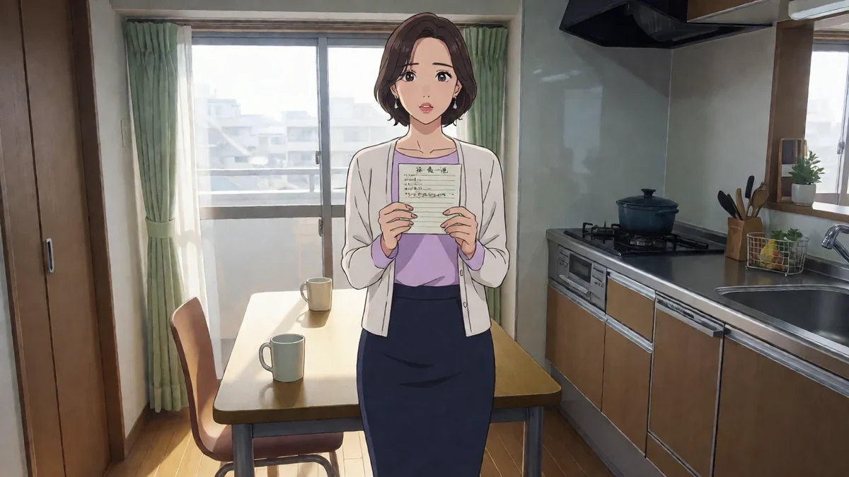 成人漫剧合租室友插画:成年女性穿浅色开衫,在公寓餐桌旁拿着留言便条